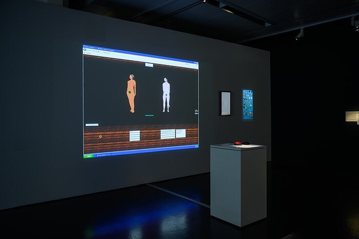 A restored historical work running in the gallery during Choose Your Filter! at ZKM — kept alive, unattended, by the Exhibition VM Controller.