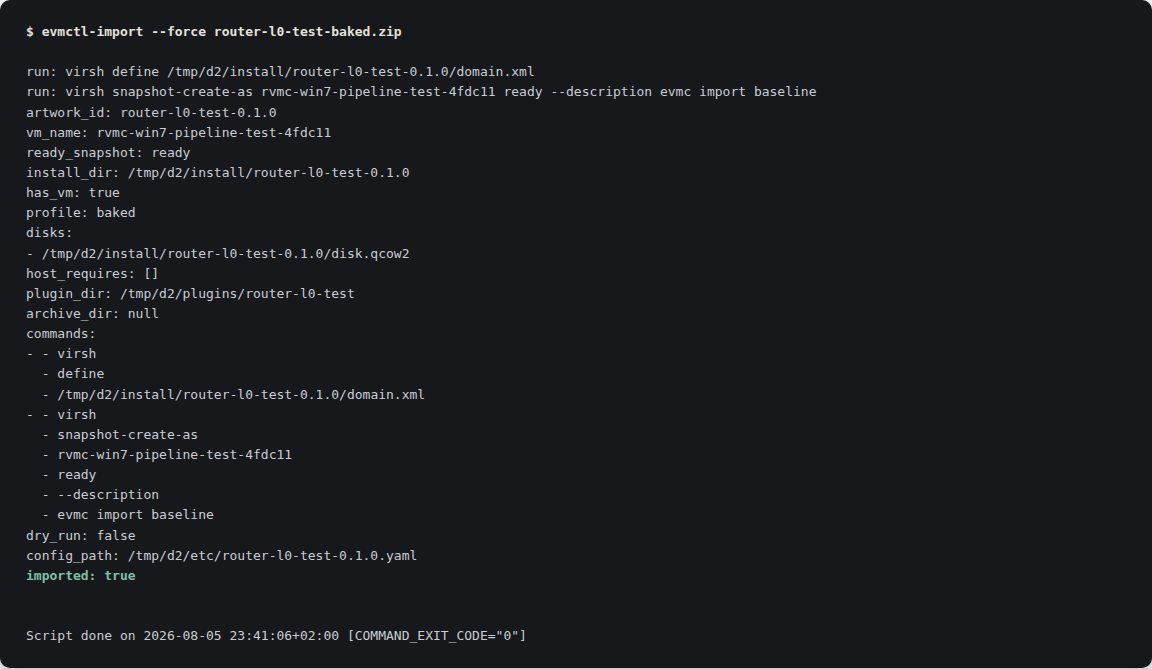 Terminal output of evmctl-import bringing a baked artwork bundle onto an exhibition computer: the disk image is placed, the virtual machine is defined, and the 'ready' snapshot — the known-good moment every automatic reset returns to — is created, ending in 'imported: true'.